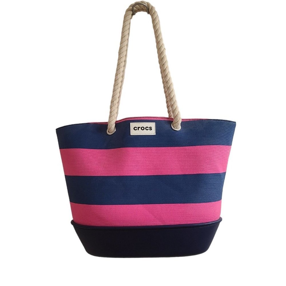 CROCS Pink Blue Striped Nautical Rope Handle Zippered Beach Tote Bag